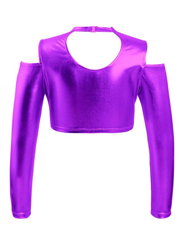 Kids Girls Long Sleeves Cold Shoulder Glossy Metallic Jazz Crop Top thumb