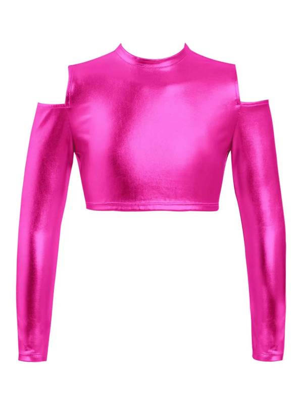 Kids Girls Long Sleeves Cold Shoulder Glossy Metallic Jazz Crop Top thumb