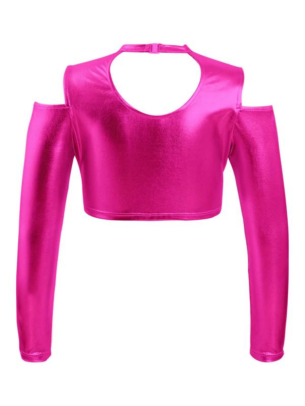 Kids Girls Long Sleeves Cold Shoulder Glossy Metallic Jazz Crop Top thumb