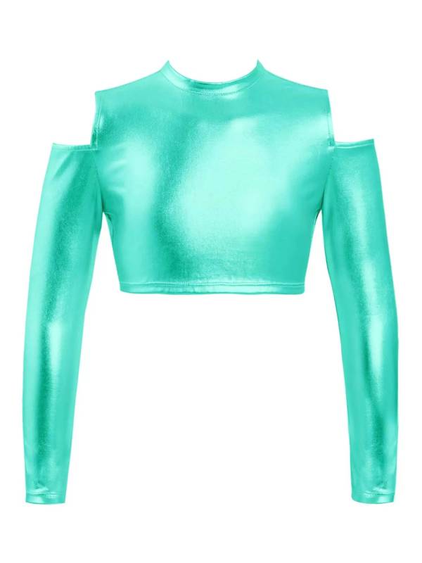 Kids Girls Long Sleeves Cold Shoulder Glossy Metallic Jazz Crop Top thumb