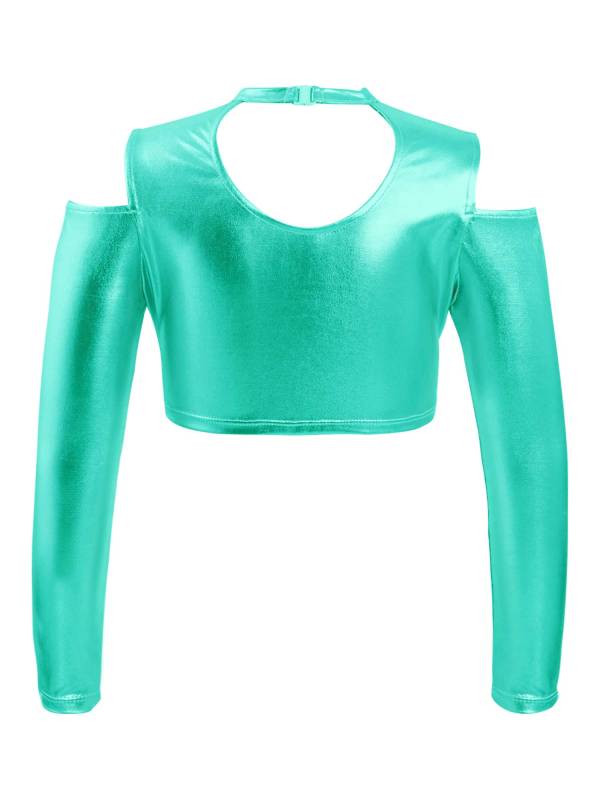Kids Girls Long Sleeves Cold Shoulder Glossy Metallic Jazz Crop Top thumb