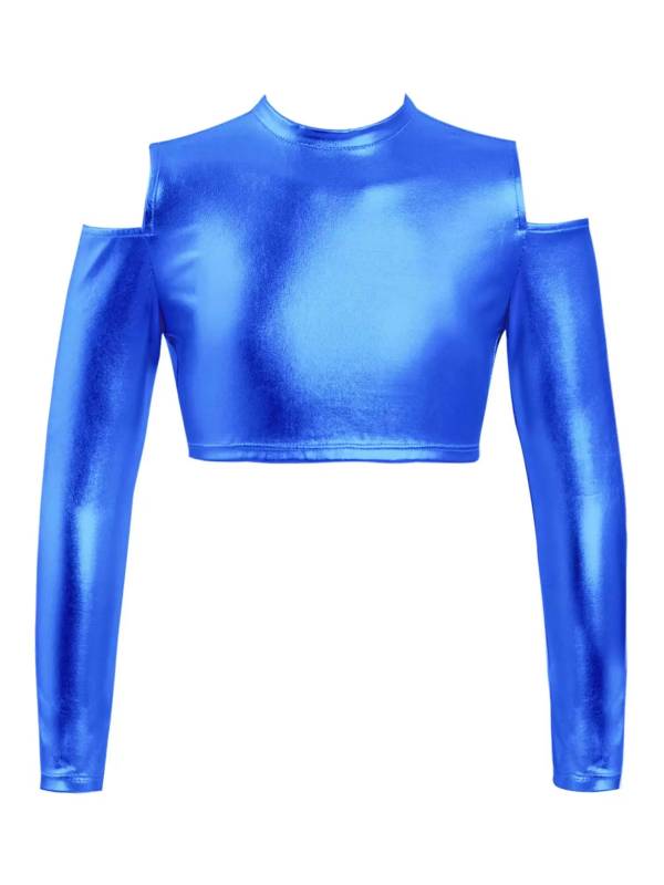 Kids Girls Long Sleeves Cold Shoulder Glossy Metallic Jazz Crop Top thumb