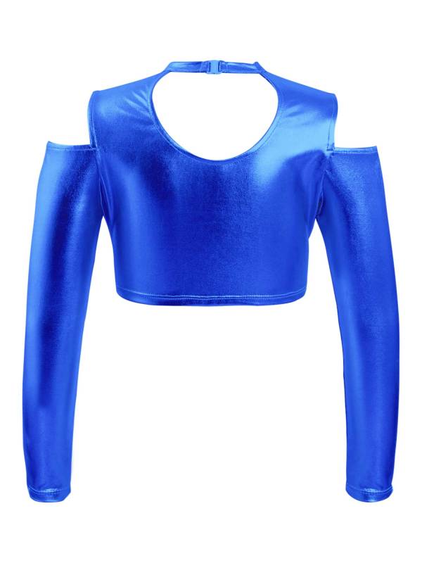 Kids Girls Long Sleeves Cold Shoulder Glossy Metallic Jazz Crop Top thumb