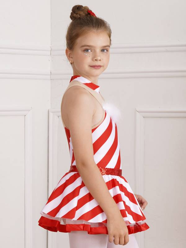 Kids Girls Christmas Sleeveless Sequins Stripes Leotard Dress thumb
