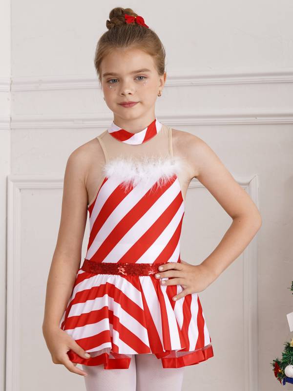 Kids Girls Christmas Sleeveless Sequins Stripes Leotard Dress thumb