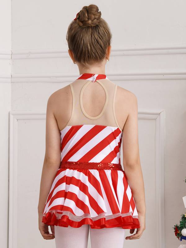Kids Girls Christmas Sleeveless Sequins Stripes Leotard Dress thumb