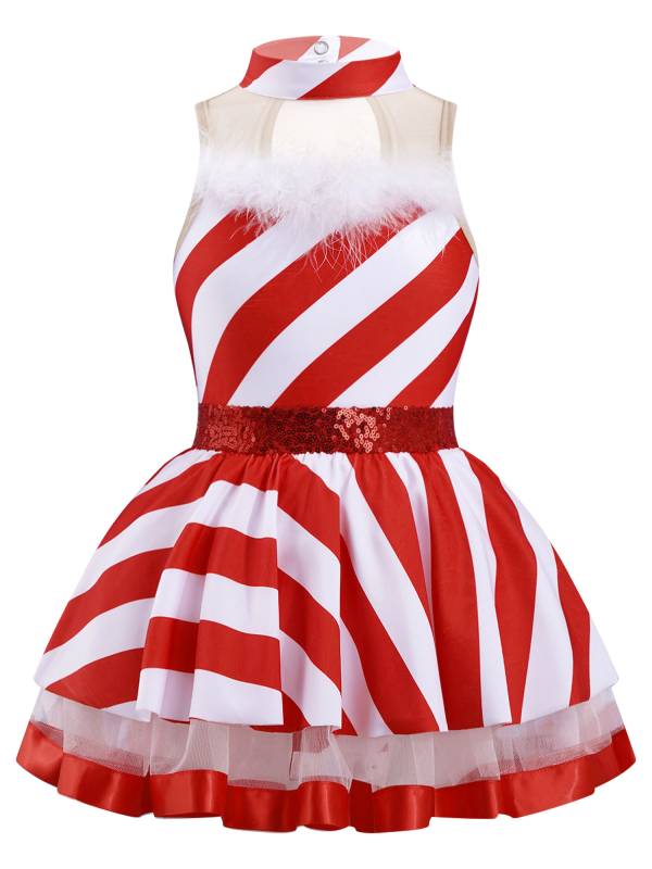 Kids Girls Christmas Sleeveless Sequins Stripes Leotard Dress thumb