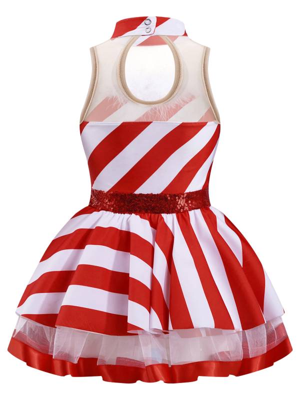 Kids Girls Christmas Sleeveless Sequins Stripes Leotard Dress thumb
