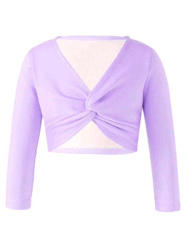 Kids Girls Long Sleeve Knot Ruch Front Solid Color Dance Top thumb