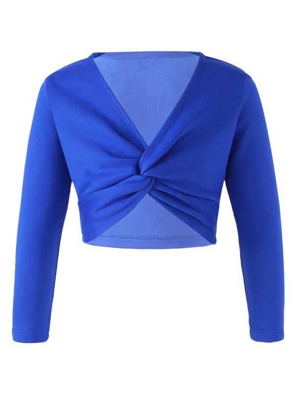 Kids Girls Long Sleeve Knot Ruch Front Solid Color Dance Top thumb