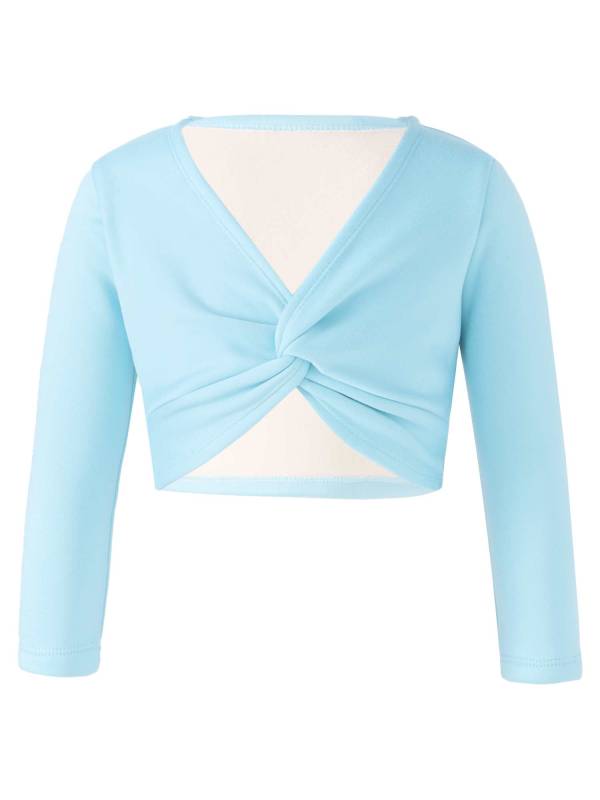 Kids Girls Long Sleeve Knot Ruch Front Solid Color Dance Top thumb