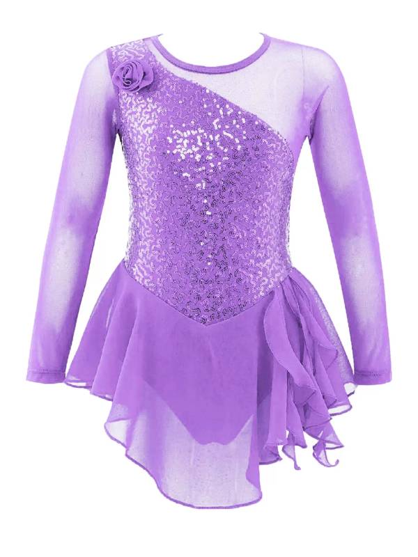Kids Girls Sequins Hollow Back Ballet Dance Skating Leotard Dress thumb