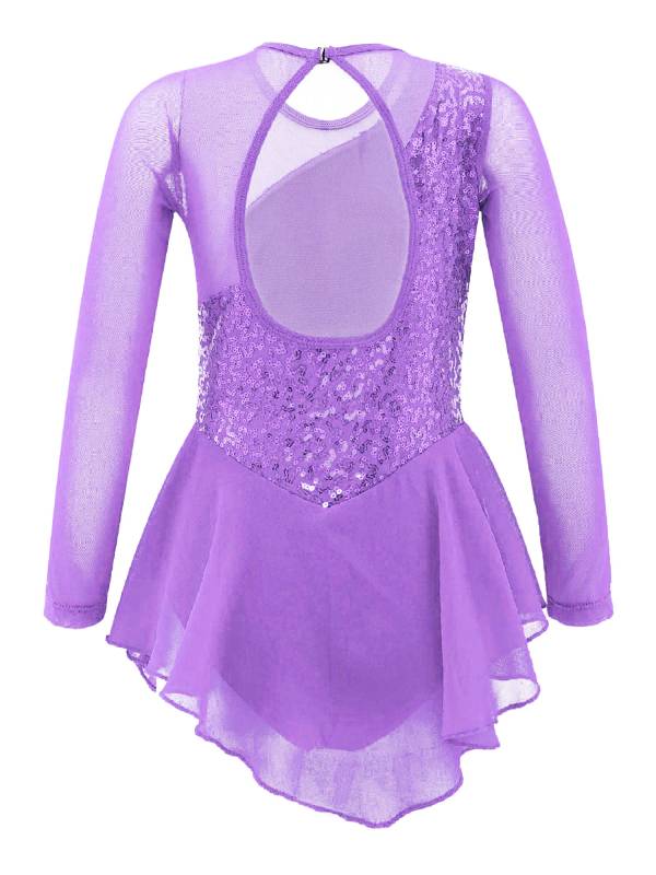 Kids Girls Sequins Hollow Back Ballet Dance Skating Leotard Dress thumb
