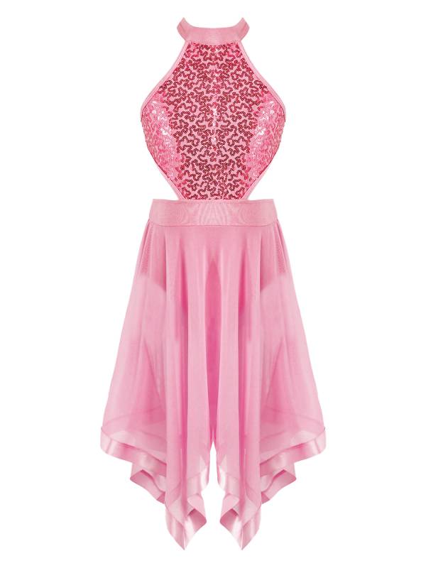 Kids Girls Sleeveless Sequins Hollow Back Lyrical Dance Dress thumb