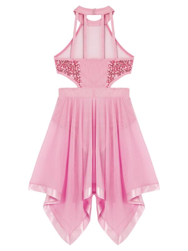 Kids Girls Sleeveless Sequins Hollow Back Lyrical Dance Dress thumb