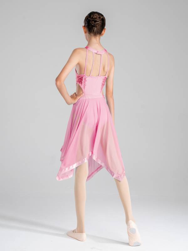 Kids Girls Sleeveless Sequins Hollow Back Lyrical Dance Dress thumb