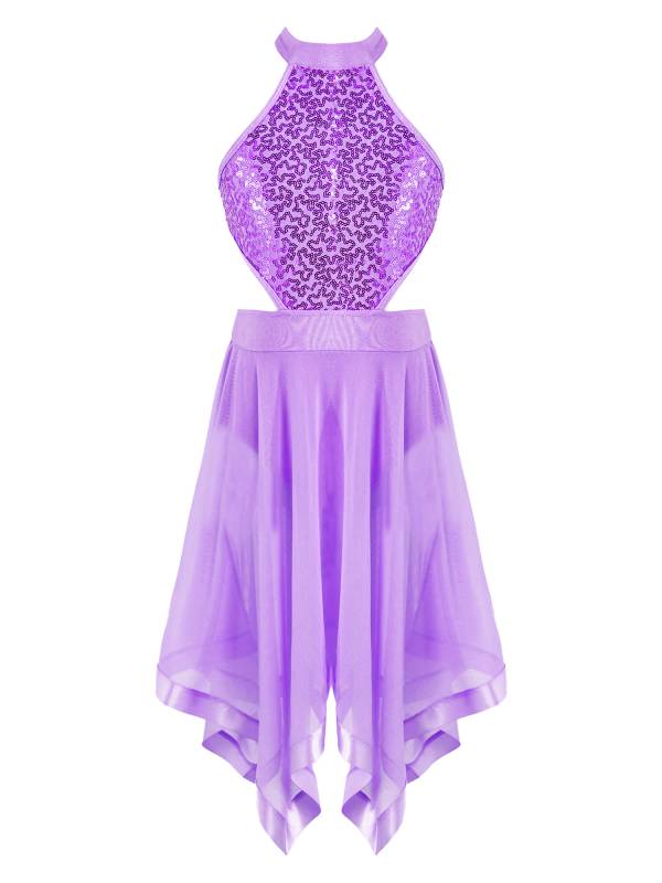 Kids Girls Sleeveless Sequins Hollow Back Lyrical Dance Dress thumb