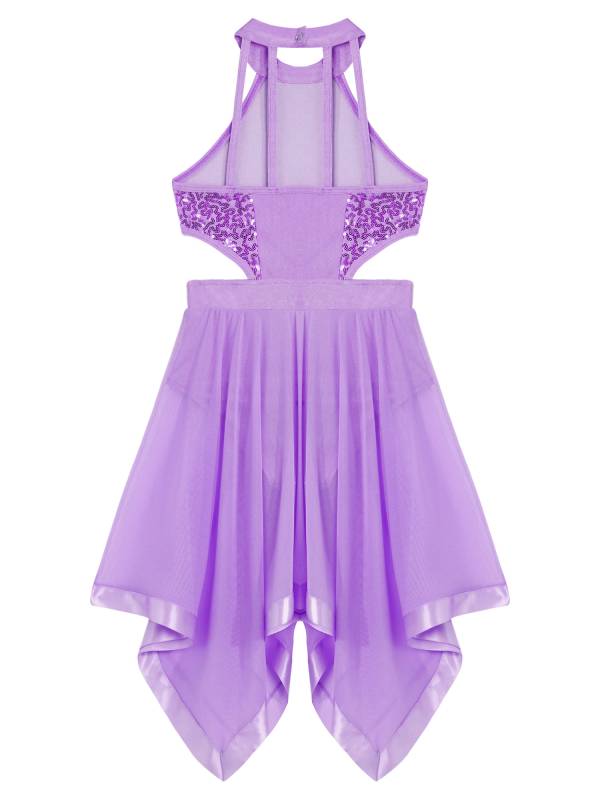 Kids Girls Sleeveless Sequins Hollow Back Lyrical Dance Dress thumb