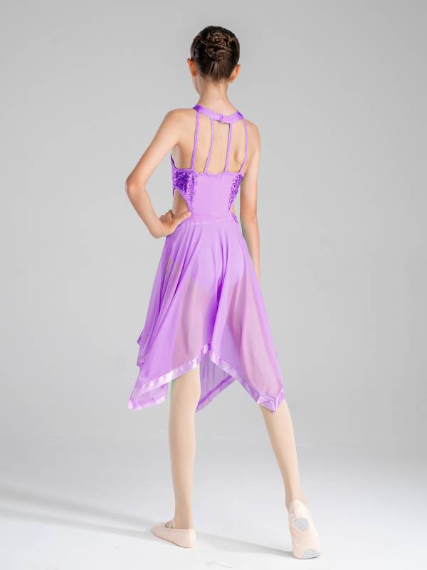 Kids Girls Sleeveless Sequins Hollow Back Lyrical Dance Dress thumb