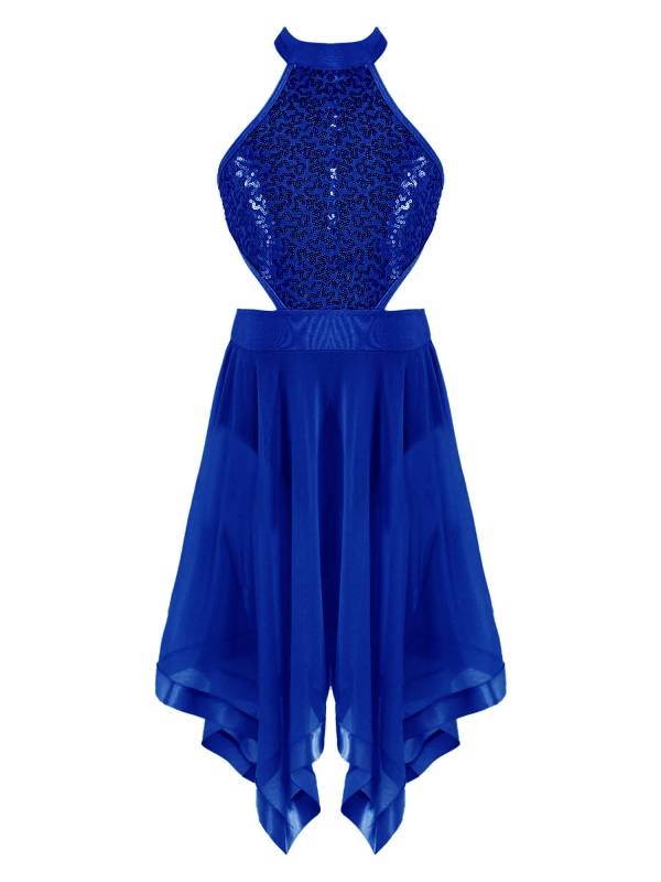 Kids Girls Sleeveless Sequins Hollow Back Lyrical Dance Dress thumb