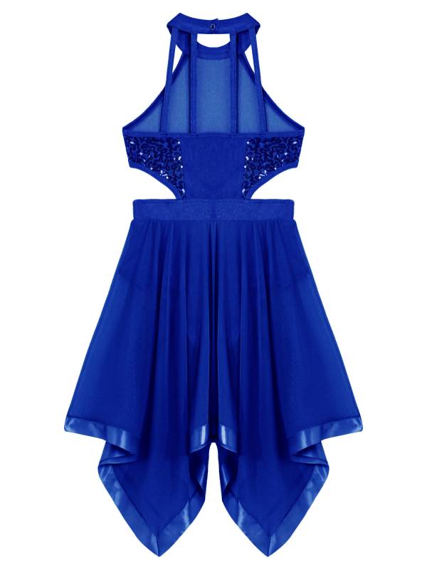 Kids Girls Sleeveless Sequins Hollow Back Lyrical Dance Dress thumb