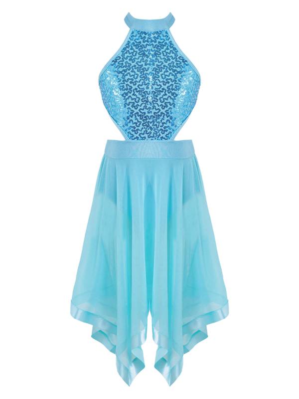 Kids Girls Sleeveless Sequins Hollow Back Lyrical Dance Dress thumb