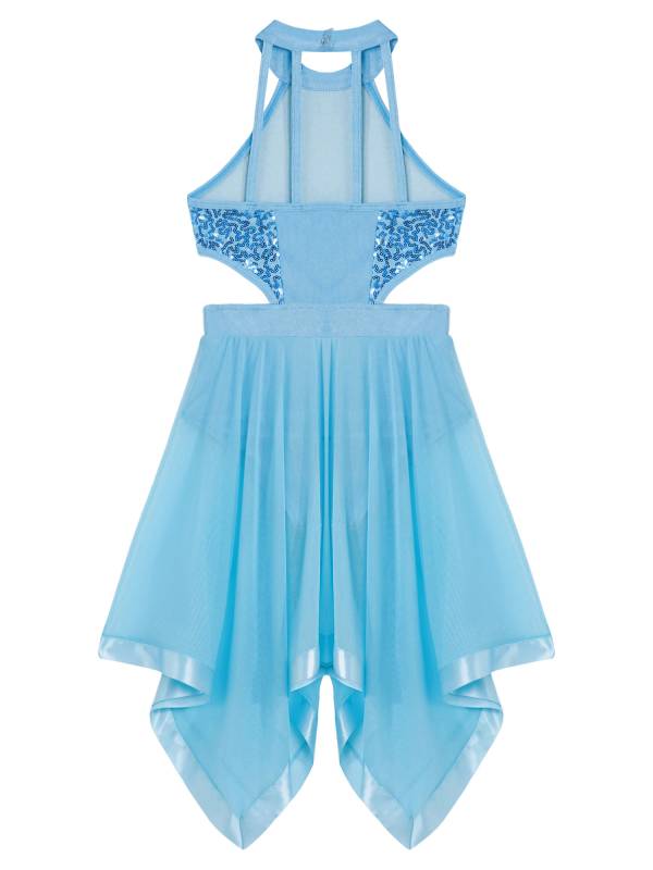 Kids Girls Sleeveless Sequins Hollow Back Lyrical Dance Dress thumb