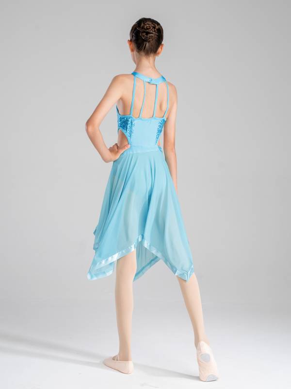 Kids Girls Sleeveless Sequins Hollow Back Lyrical Dance Dress thumb