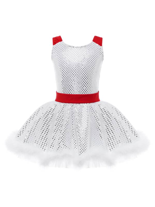 Kids Girls Christmas Sleeveless Sequins Faux Fur Adorned Ballet Tutu Dress thumb