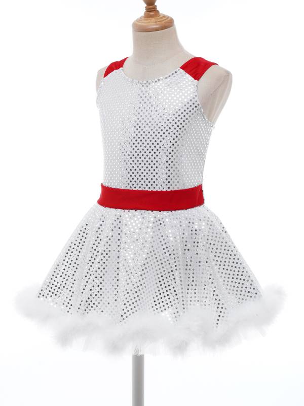 Kids Girls Christmas Sleeveless Sequins Faux Fur Adorned Ballet Tutu Dress thumb