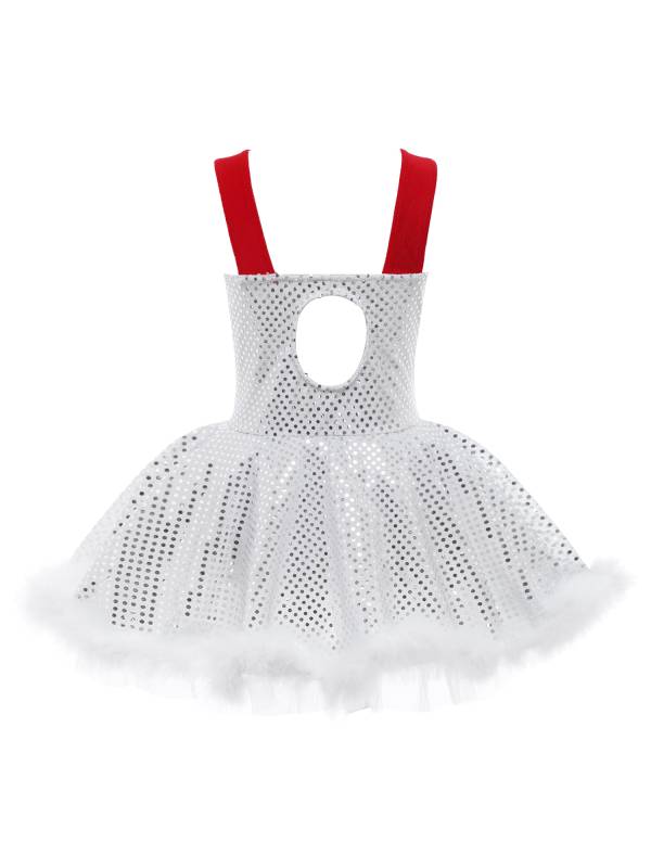 Kids Girls Christmas Sleeveless Sequins Faux Fur Adorned Ballet Tutu Dress thumb