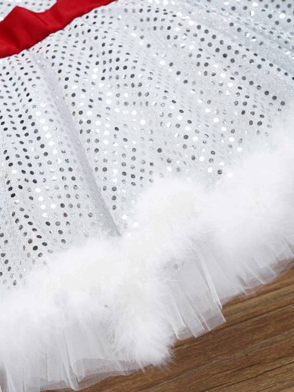 Kids Girls Christmas Sleeveless Sequins Faux Fur Adorned Ballet Tutu Dress thumb