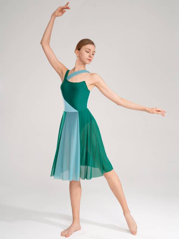Women Sleeveless Color Block Mesh Lyrical Dance Leotard Dress thumb