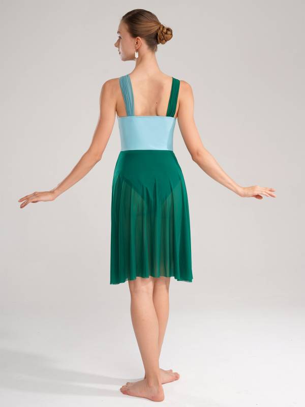 Women Sleeveless Color Block Mesh Lyrical Dance Leotard Dress thumb