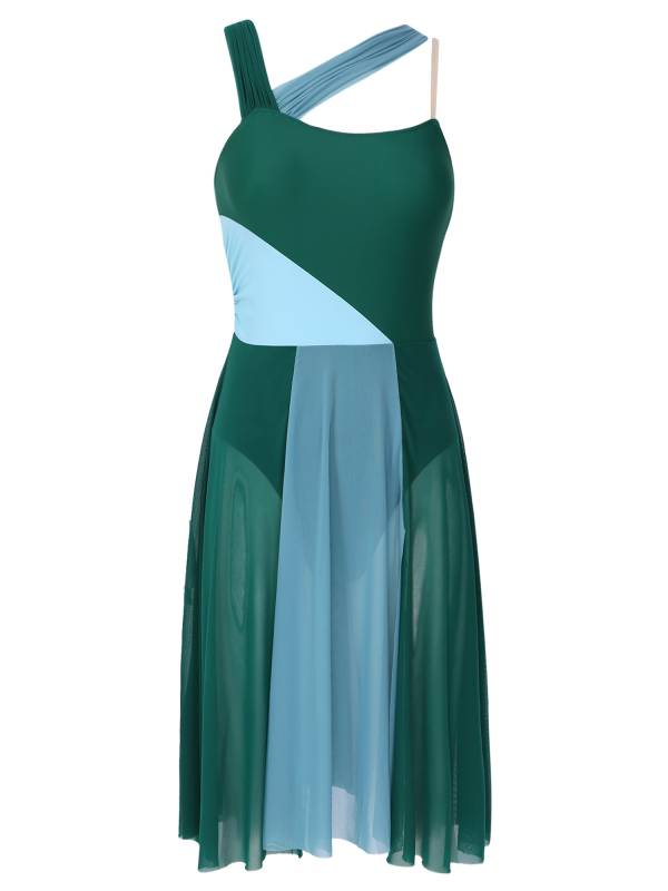 Women Sleeveless Color Block Mesh Lyrical Dance Leotard Dress thumb