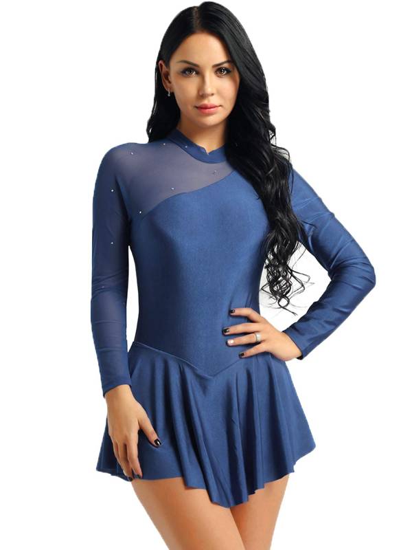 Women Long Sleeve Round Neck Hollow Back Skating Leotard Dress thumb