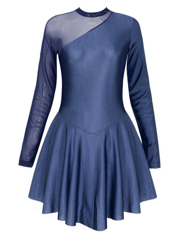 Women Long Sleeve Round Neck Hollow Back Skating Leotard Dress thumb