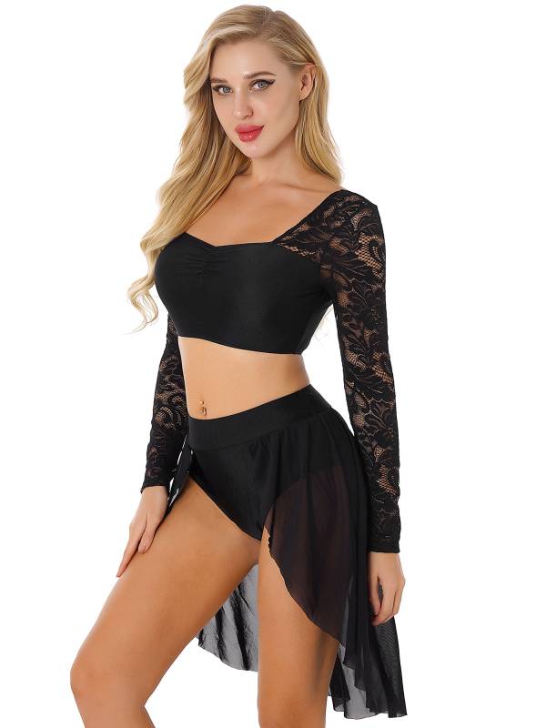 Women 2pcs Long Sleeve Crop Top and Skirted Brief Lyrical Dance Set thumb