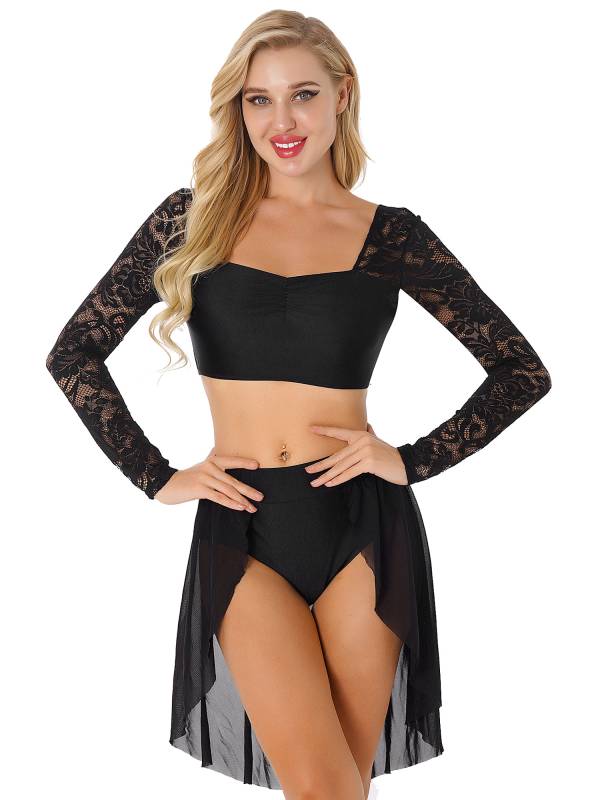 Women 2pcs Long Sleeve Crop Top and Skirted Brief Lyrical Dance Set thumb