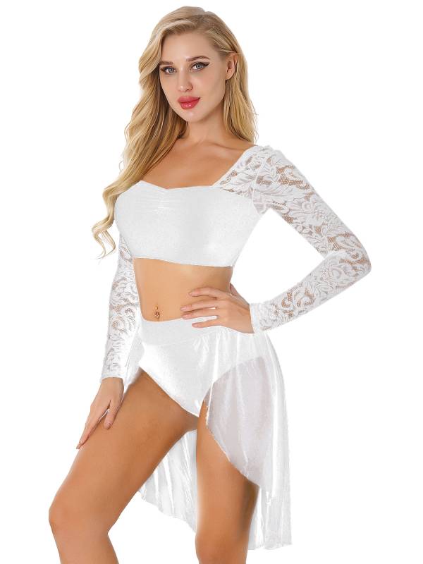 Women 2pcs Long Sleeve Crop Top and Skirted Brief Lyrical Dance Set thumb