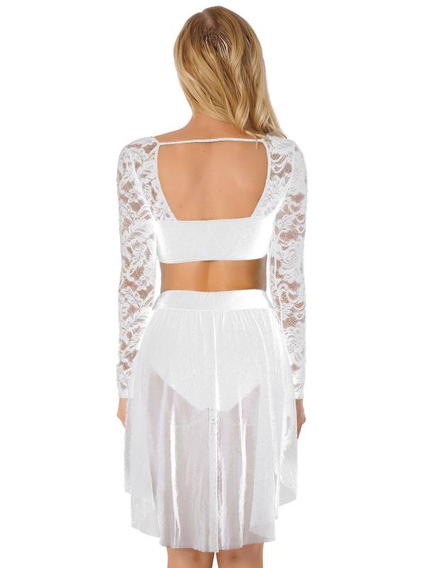 Women 2pcs Long Sleeve Crop Top and Skirted Brief Lyrical Dance Set thumb