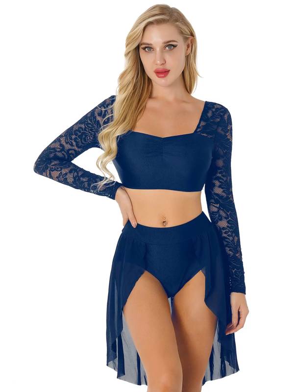 Women 2pcs Long Sleeve Crop Top and Skirted Brief Lyrical Dance Set thumb