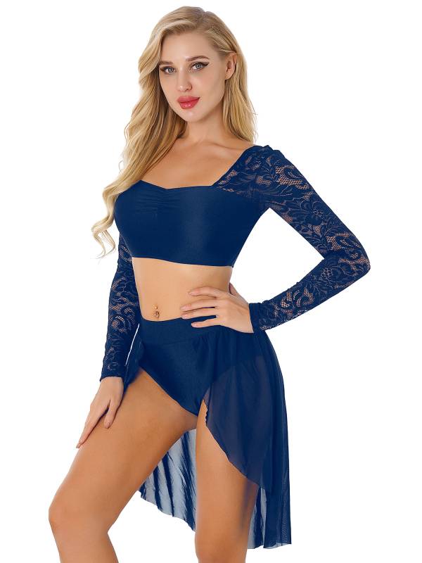 Women 2pcs Long Sleeve Crop Top and Skirted Brief Lyrical Dance Set thumb