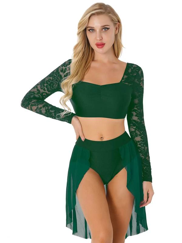 Women 2pcs Long Sleeve Crop Top and Skirted Brief Lyrical Dance Set thumb