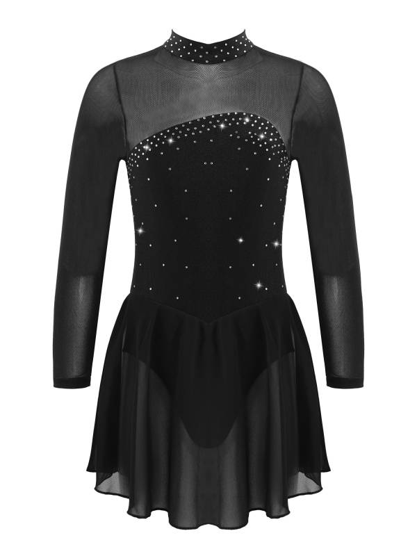 Kids Girls Mesh Long Sleeves Figure Ice Skating Leotard Dress thumb