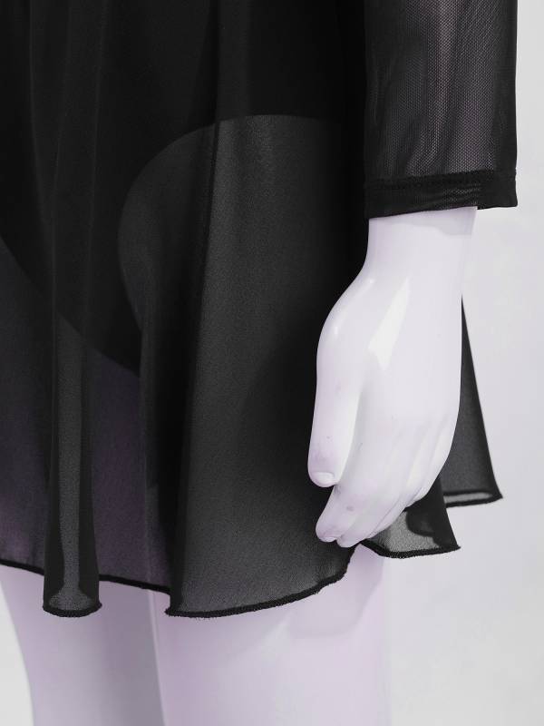 Kids Girls Mesh Long Sleeves Figure Ice Skating Leotard Dress thumb