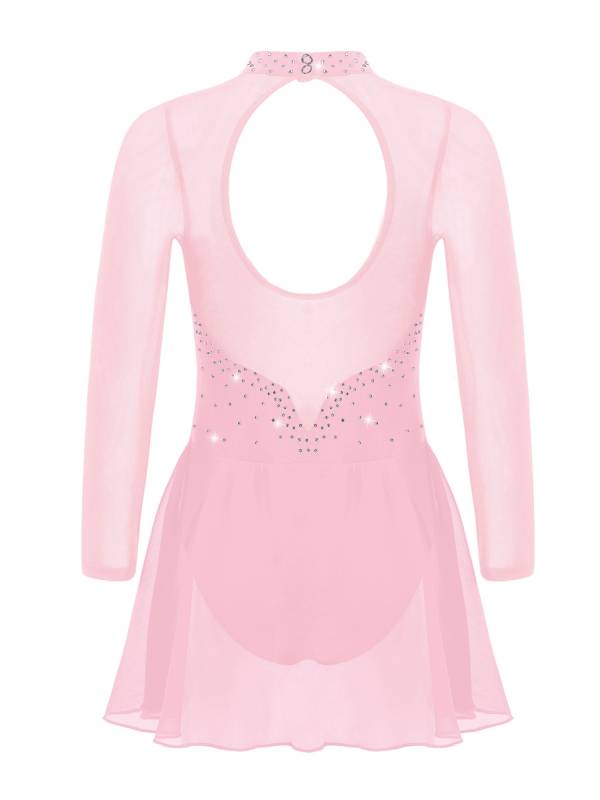 Kids Girls Mesh Long Sleeves Figure Ice Skating Leotard Dress thumb