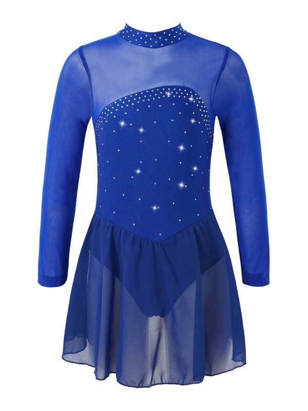 Kids Girls Mesh Long Sleeves Figure Ice Skating Leotard Dress thumb