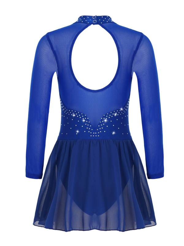 Kids Girls Mesh Long Sleeves Figure Ice Skating Leotard Dress thumb
