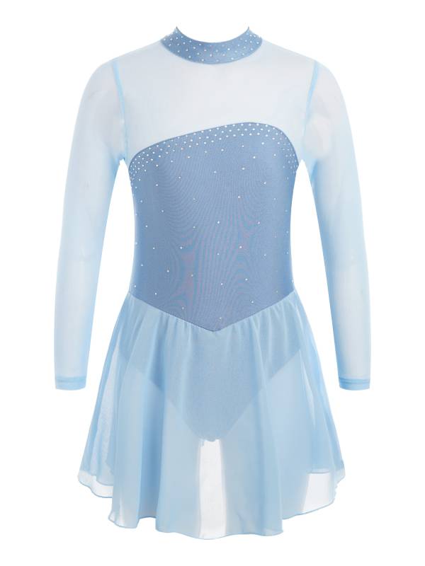 Kids Girls Mesh Long Sleeves Figure Ice Skating Leotard Dress thumb